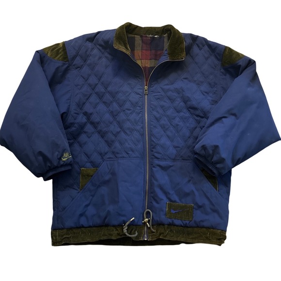 Nike Other - Nike Vintage Quilted Bomber Jacket Navy Blue Corduroy Trim Flannel Lined Mens